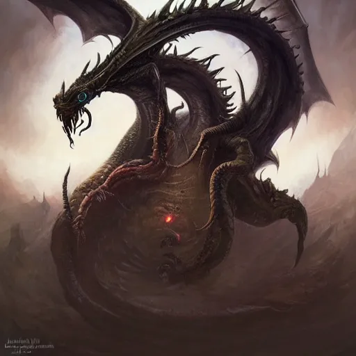 Image similar to eldritch abomination, oil painting, cinematic, intricate complexity, rule of thirds, in the style of Adam Paquette, Svetlin Velinov, Daarken, Artgerm, Keith Thompson, and Eric Deschamps, face by Artgerm and WLOP, magic the gathering art, dragon character concept
