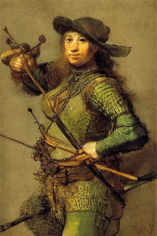 Prompt: seductive green frog archer woman, by rembrandt.