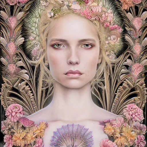 Image similar to portrait of a young pretty woman in flowing dress, arrogant, mysterious, long fine flowing hair, delicate, looking at camera, realistic face, intricate, stylish, elegant, grimdark, flowers, extremely detailed photograph by Martine Johanna and Ernst Haeckel and Greg Rutkowski