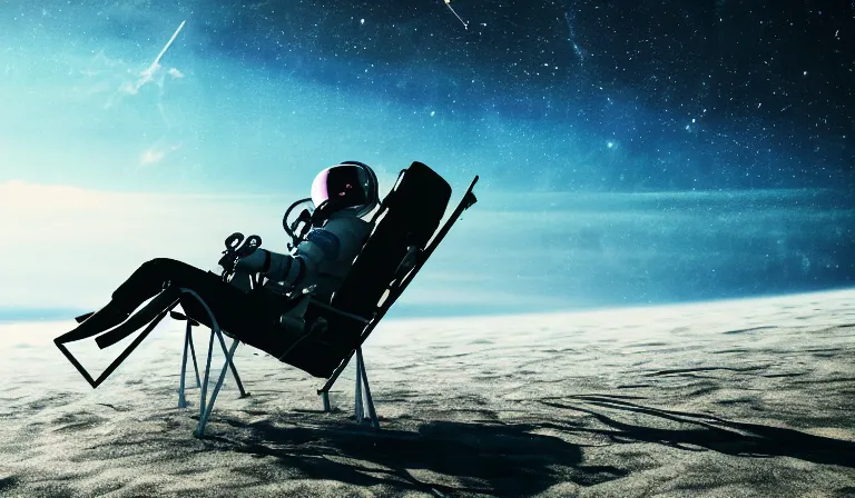 Prompt: astronaut floating in space sitting in a beach chair hopelessly, close shot, 8k, cinematic, epic, ultra detailed, award winning, trending on artstationHD, dramatic