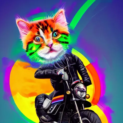 Image similar to wide angle full body, jacket wearing fluffy cute rainbow kitten wearing a black leather motorcycle jacket, riding on a motorcycle, cinematic concept art