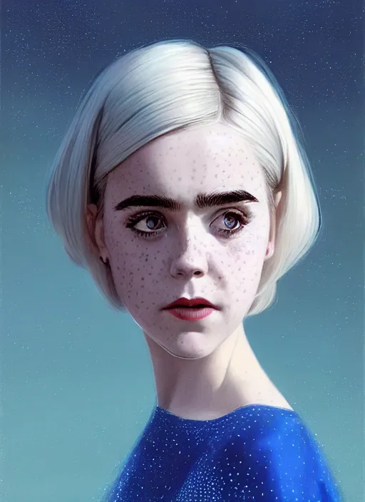 Image similar to portrait of kiernan shipka with freckles, white hair, 1 9 6 0 s bob hairstyle with bangs and hairband, blue 1 9 6 0 s dress, intricate, elegant, glowing lights, highly detailed, digital painting, artstation, concept art, smooth, sharp focus, illustration, art by wlop, mars ravelo and greg rutkowski