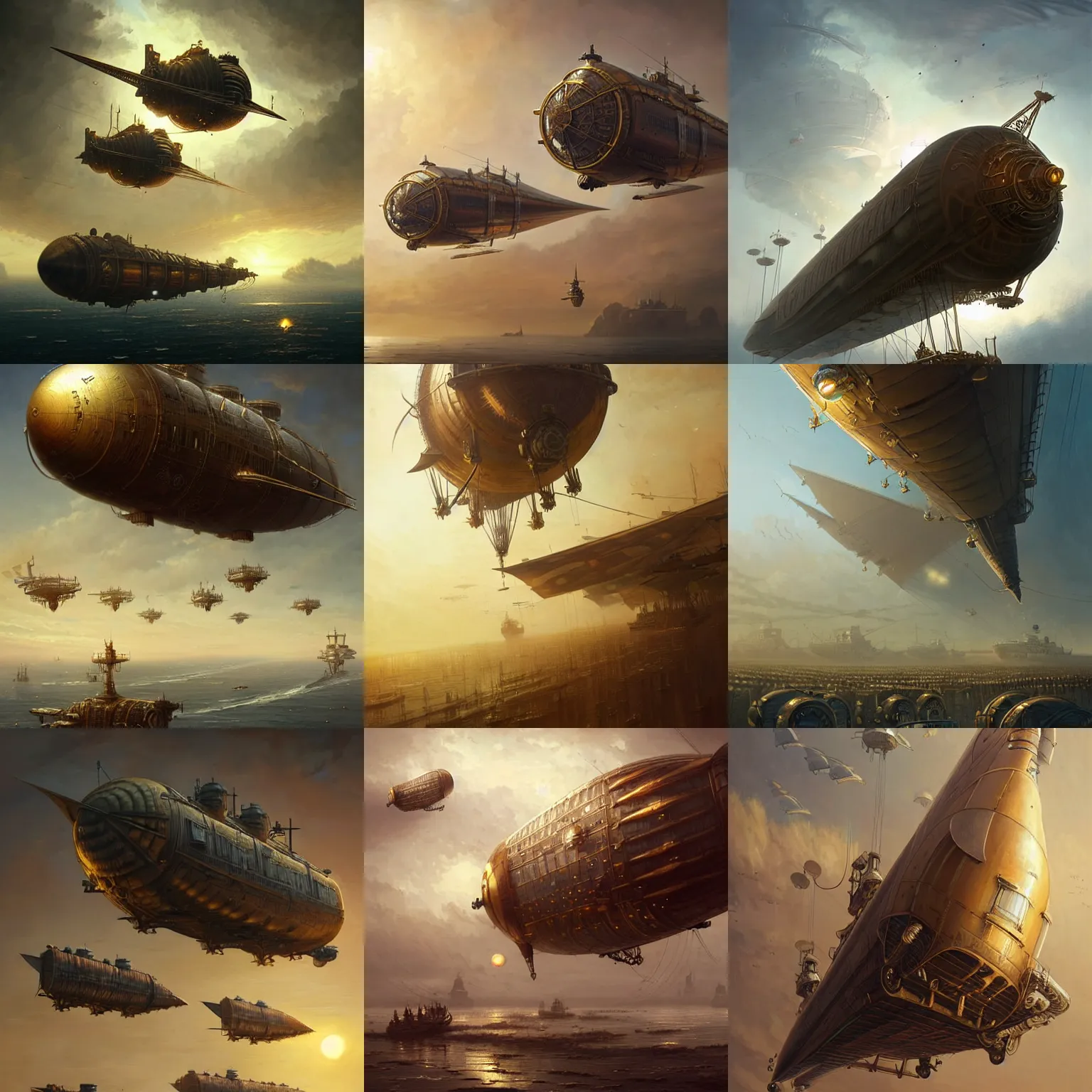 Prompt: a fleet of steampunk airships, intricate design, fantasy, extremely detailed, sharp focus, golden hour, digital painting, trending on artstation, art by greg rutkowski, magali villenueve.