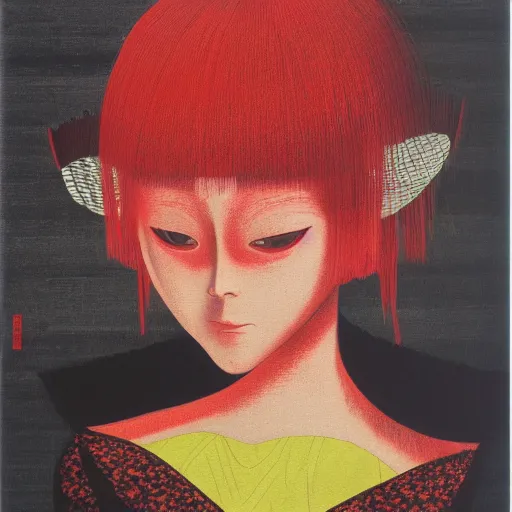 Prompt: a portrait painting of a character in a scenic environment, texture by nobuhiko obayashi, red, lacquerware