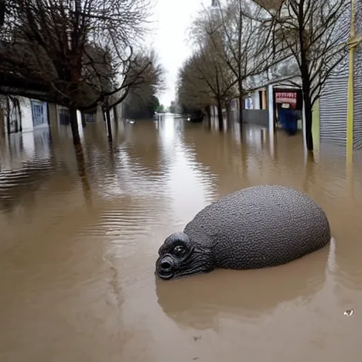 Prompt: a weird unidentified creature has been found in a flooded german town