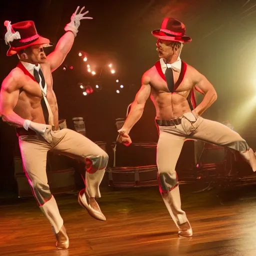 Prompt: Chip and Dale as Chippendale dancers, extremely detailed, 8k resolution, exciting stage lighting, theatrical fog