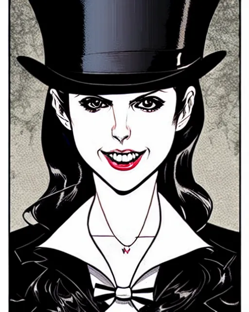 Prompt: beautiful Anna Kendrick Zatanna DC Comics floating on stage, wearing a top hat, symmetrical face symmetrical eyes, smiling, fantasy, intricate details, atmospheric, elegant, concept art, art by eiichiro oda, Joshua Middleton art