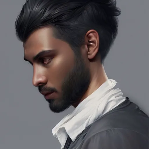 Image similar to ultra realistic illustration, young man with dark gray skin, short white hair, intricate, with dark clothes, elegant, highly detailed, digital painting, artstation, concept art, smooth, sharp focus, illustration, art by artgerm and greg rutkowski and alphonse mucha