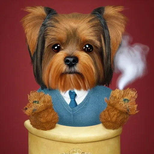 Prompt: professional portrait of an anthropomorphic yorki-poo smoking weed,