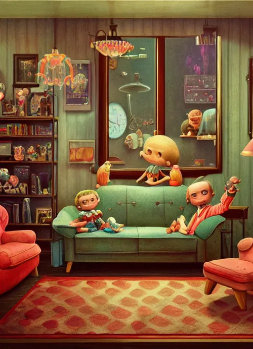Prompt: highly detailed wide - angle portrait of a retro 1 9 6 0 s living room, nicoletta ceccoli, mark ryden, lostfish, earl nore, hyung tae, frank frazetta, global illumination, god rays, detailed and intricate environment