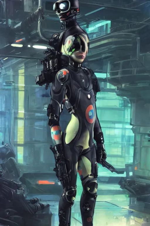 Image similar to Selina. USN blackops operator infiltrating oil rig. Operator wearing Futuristic cyberpunk tactical wetsuit. Frogtrooper. rb6s, MGS, and splinter cell Concept art by James Gurney, greg rutkowski, and Alphonso Mucha. Vivid color scheme.