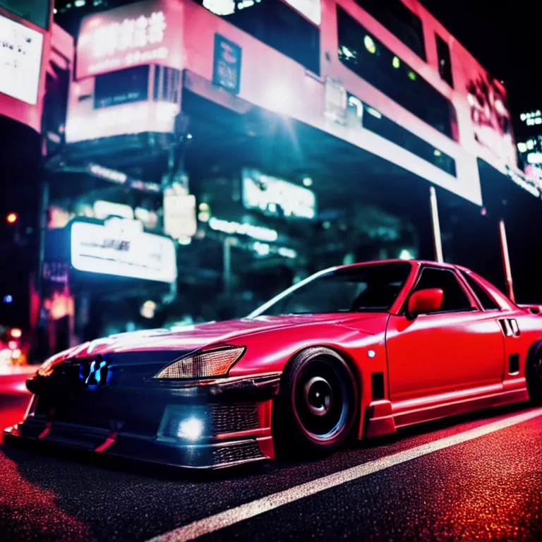 Image similar to close-up-photo Nissan 2000GTS turbo illegal roadside night meet, work-wheels, Shibuya Shibuya, cinematic colors, photorealistic, highly detailed, night photography