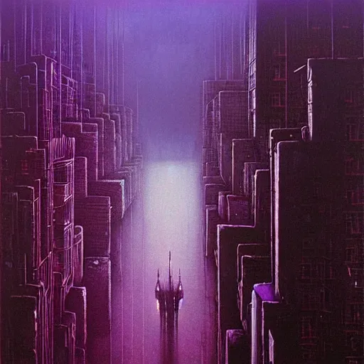 Image similar to purple cyberpunk city, by Beksinski