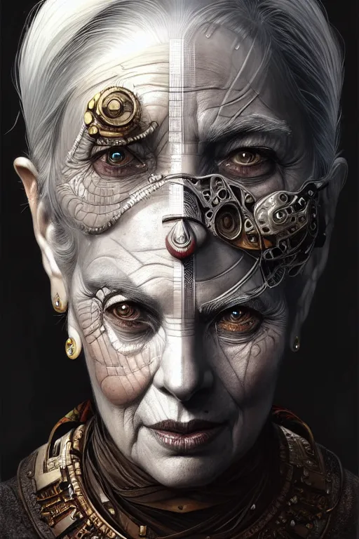 Image similar to symmetry!! portrait of an elderly grey haired woman in the style of god of war, machine parts embedded into face, intricate, elegant, highly detailed, digital painting, artstation, concept art, smooth, sharp focus, illustration, art by artgerm and greg rutkowski and alphonse mucha, 8 k