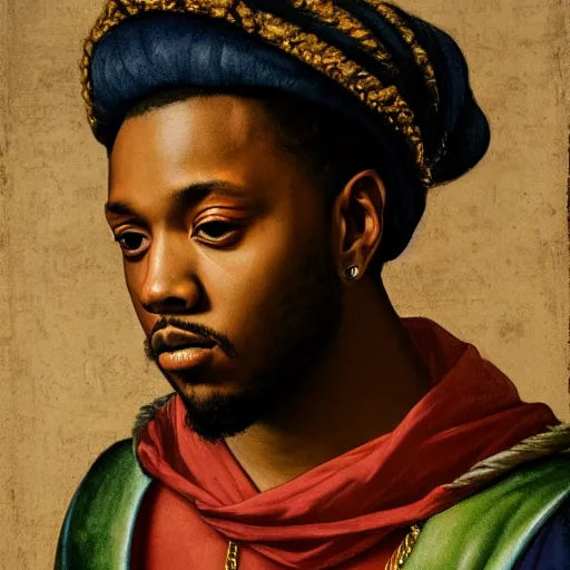 Image similar to a renaissance style portrait painting of kendrick lamar