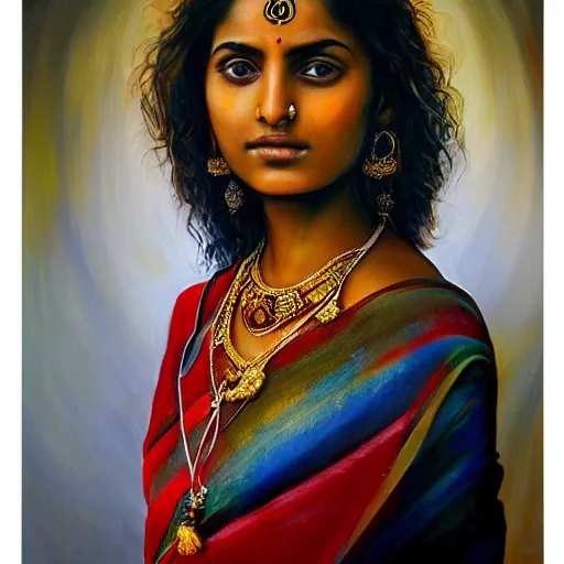 Prompt: stunning, breathtaking, awe - inspiring award - winning concept art portrait painting by steve mccurry of a beautiful young hindu woman with short, wavy hair, wearing a colorful sari