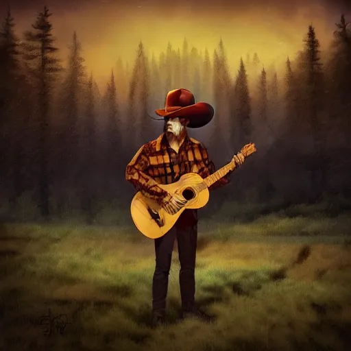 Image similar to a fox animal, wearing cowboy hat, wearing plaid shirt, playing guitar, inside a barn, album cover style, artstation