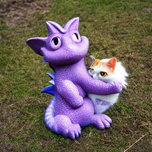 Prompt: small cute purple dragon, the dragon is hugging an orange tabby cat