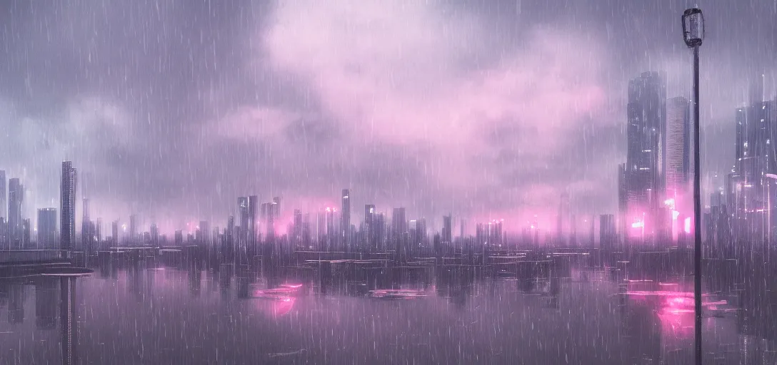 Prompt: Look of an aesthetic solarpunk skyline, rain, afternoon, pink sky moody scene, digital art, 8k, moody details