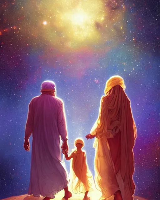 Image similar to bedouin man and woman and child in galaxy walking towards mosque surrounded by nebula, highly detailed, gold filigree, romantic storybook fantasy, soft cinematic lighting, award, disney concept art watercolor illustration by mandy jurgens and alphonse mucha and alena aenami, pastel color palette, featured on artstation