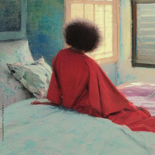 Image similar to girl with afro, in red kimono, backview, sitting on edge of bed, by jeremy lipking, tim rees, joseph todorovitch