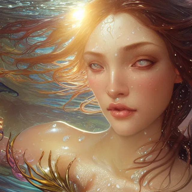 Image similar to close up portrait of a beautiful female mermaid, shiny skin, wet, artistic, magical water background with caustics, light rays, fantasy atmosphere. art by artgerm and greg rutkowski and alphonse mucha, highly detailed, intricate, lifelike. sci - fi, fantasy, magical, octane render, nikon d 8 5 0.