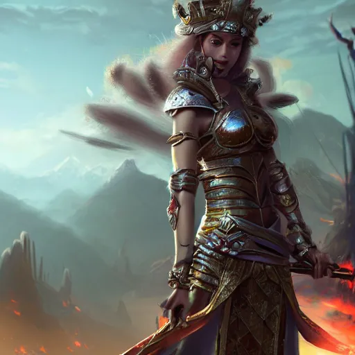 Image similar to Epic Fantasy princess warrior, highly detailed painting, 4K 8k Trending on ArtStation Cgsociety Octane render Unreal engine Concept art hq hd Matte painting, In the style of Ross tran, wlop, arcane, riot games,