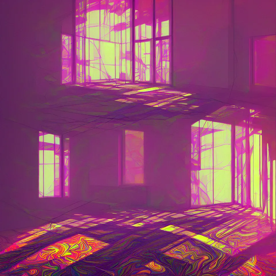 Image similar to bright psychedelic empty apartment, diffuse lighting, fantasy, intricate, elegant, highly detailed, lifelike, photorealistic, digital painting, artstation, illustration, concept art, smooth, sharp focus, art by francis bacon