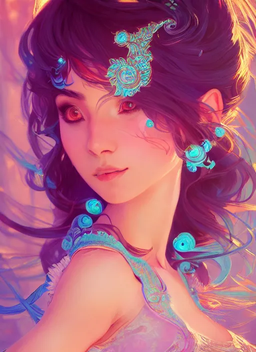 Prompt: beautiful dancer with long turqoise hair, cute, intricate, highly detailed, digital painting, trending on artstation, concept art, smooth, sharp focus, backlit, rim light, vivid colors, illustration, unreal engine 5, 8 k, art by rossdraws and alphonse mucha