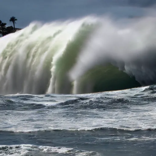 Image similar to tsunami over San Diego, Dramatic, realistic, perspective,