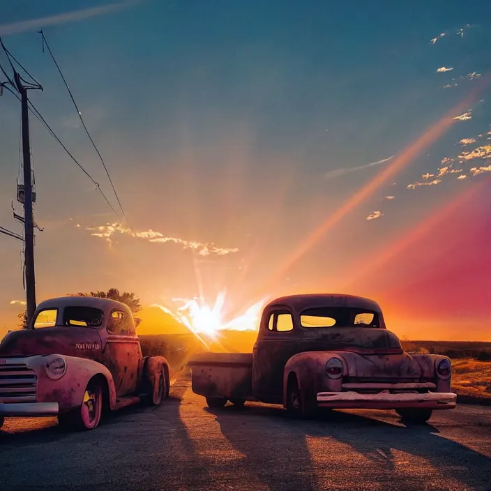 Image similar to a sunset light landscape with historical route 6 6, lots of sparkling details and sun ray ’ s, blinding backlight, smoke, volumetric lighting, colorful, octane, 3 5 mm, abandoned gas station, old rusty pickup - truck, beautiful epic colored reflections, very colorful heavenly, softlight