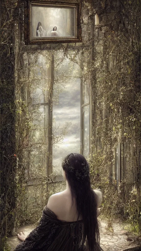 Image similar to secret view from behind wide mirror of a beautiful black haired woman with pale skin and a crown on her head sitted on an intricate metal throne, very deep stillness atmosphere, silence, dimension of still moment, spiritual feeling, digital art, by daniel ridgway knight