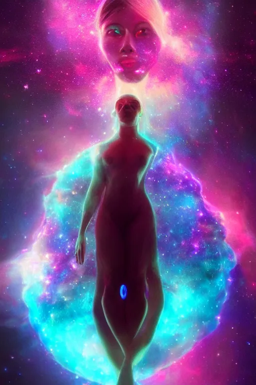 Image similar to A beautiful portrait of female cosmic being with a nebula as its body by Beeple, 8K, UHD , Trending on artstation.