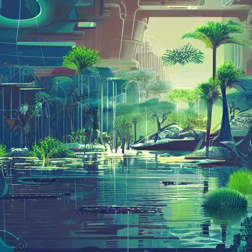 Image similar to beautiful happy picturesque charming organic futuristic sci - fi city in harmony with nature. water and plants. beautiful light. grainy and rough. soft colour scheme. beautiful artistic vector graphic design art by lurid. ( 2 0 2 2 )