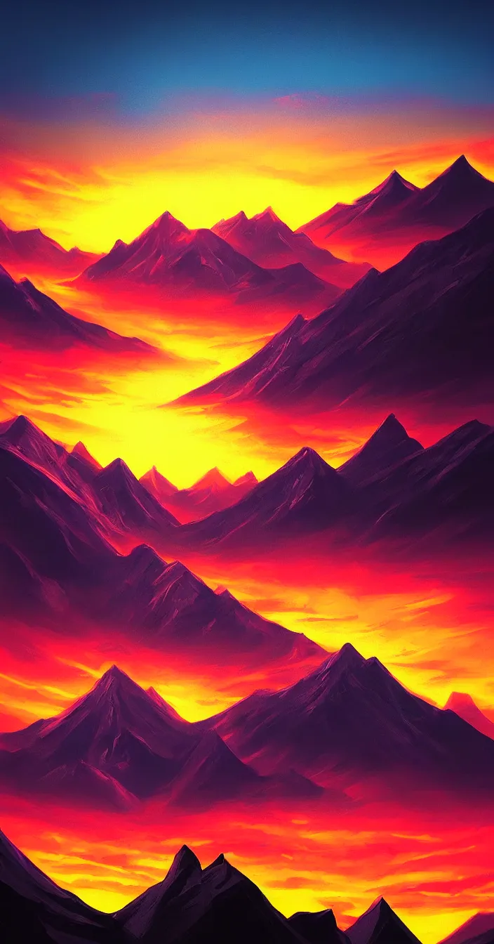 Prompt: realistic photo of colorful sunset on mountains, very sharp focus, dark background, in the style of greg rutswoski, very hyper realistic, highly detailed, fantasy art station