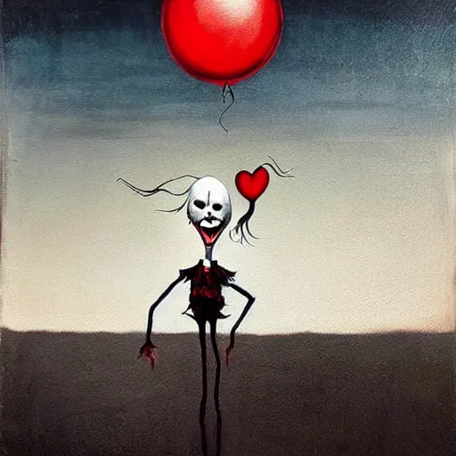 Prompt: grunge painting of the rake with a wide smile and a red balloon by chris leib, loony toons style, pennywise style, corpse bride style, horror theme, detailed, elegant, intricate