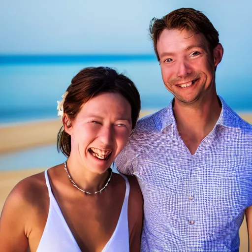 Prompt: couple man and woman, happy, on the beach, correct face, sunburn, professional portrait, photo
