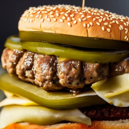 Prompt: close up high resolution photo of cheeseburger with pickles, very tasty, food photography, instagram, trending