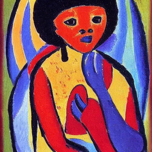 Prompt: painting of A little African girl by Alexej von Jawlensky with pet wolf