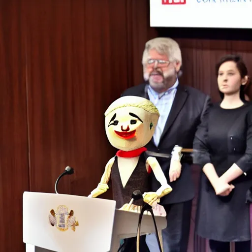 Image similar to president marionette with puppeteer in a podium giving a press conference