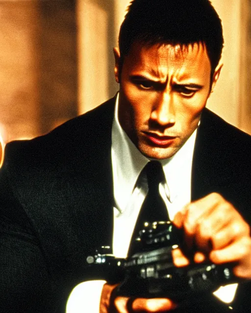 Image similar to Film still close-up shot of Dwayne Johnson as James Bond from the movie Goldeneye. Photographic, photography