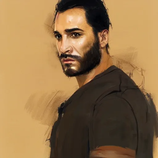 Image similar to Portrait of a man by Greg Rutkowski, he is about 30 years old, mixture between persian, indian and texan, wide forehead, short black hair, manly, attractive, strong and burly, he is wearing a utilitarian beige and black jumpsuit, highly detailed portrait, scifi, digital painting, artstation, concept art, smooth, sharp foccus ilustration, Artstation HQ