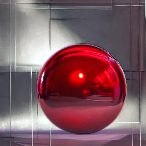 Prompt: chrome spheres on a red cube by john jude palencar