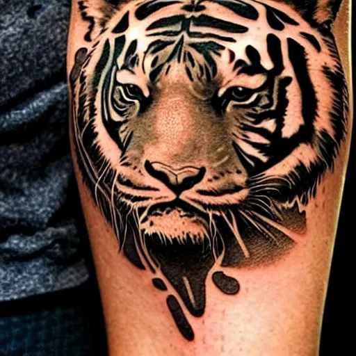 Image similar to a realistic tattoo design that has a beautiful warrior woman on the bottom and a tiger head on the top, highly detailed