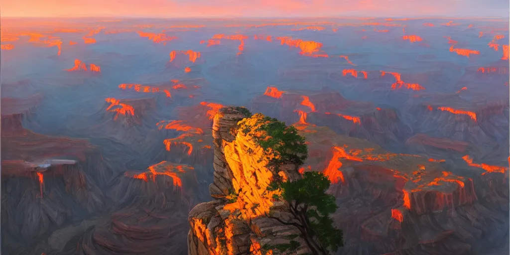 Prompt: New York City, Grand Canyon, sunrise, cinematic lighting, detailed oil painting, hyperrealistic, 8k