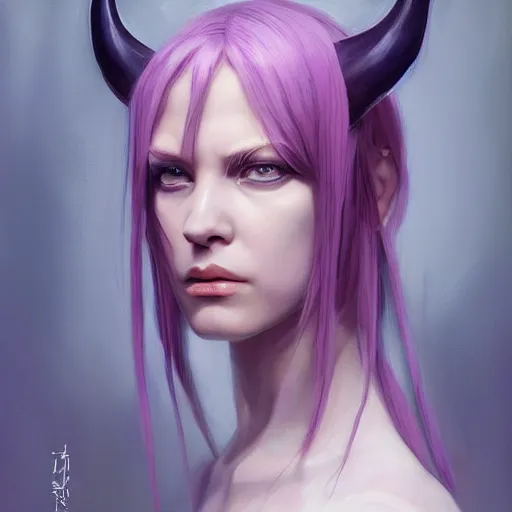 Image similar to priscilla from claymore portrait, medium shot, asymmetrical, profile picture, organic painting, matte painting, purple skin, forehead horn, bold shapes, hard edges, trending on artstation, by huang guangjian and gil elvgren and sachin teng