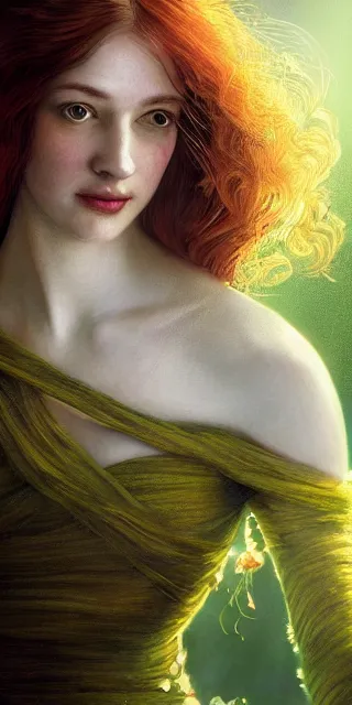 Prompt: young woman, smiling amazed, firefly lights, full covering intricate detailed dress, amidst nature, long red hair, precise linework, accurate green eyes, small nose with freckles, beautiful oval shape face, empathic, expressive emotions, dramatic lights, hyper realistic ultrafine art by artemisia gentileschi, jessica rossier, boris vallejo