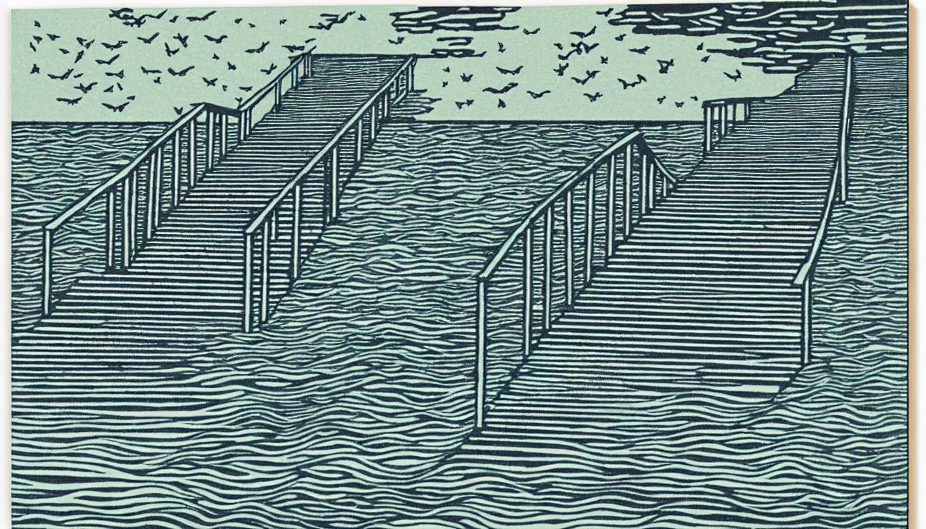 Image similar to stairs down to the ocean by woodblock print