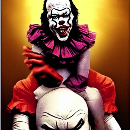 Prompt: pennywise the clown riding on danny trejo's back in a mystical void