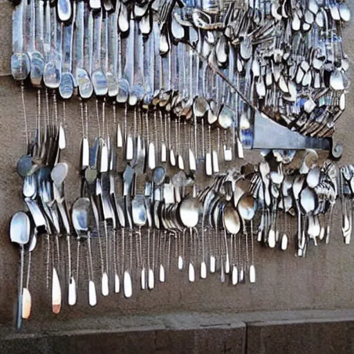 Prompt: A city block made out of large spoons, forks, and knives, beautiful lighting